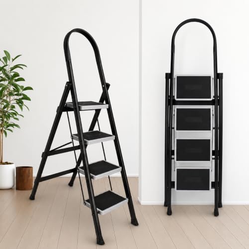 Image of TEKCOOL Foldable Ladder for Home 4 Steps with Built-in Tool Tray | Heavy Duty D Shape rods | 20 x 30 cm Large Platform | Wide Rubber feet | Secure Lock | 150kg Capacity