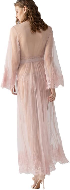 Lingerie for Women See Through Long Lace Kimono Robe Mesh Chemise with Sleeves Swimsuit Cover Up - Image 2