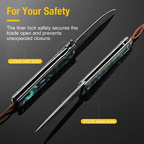 Augenweide Damascus Steel Pocket Knife, Abalone Handle, Damascus Knife With For Men, Great As Father's Valentine's Day Christmas Day Gift (A-Knife With Sheath) #TOP2