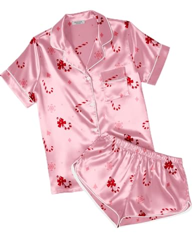 Ekouaer Womens Silky Satin Pajamas Short Sleeve Sleepwear Soft Button Down Loungewear 2 Piece PJS Shorts Set Pink Christmas Candy Cane XX-Large