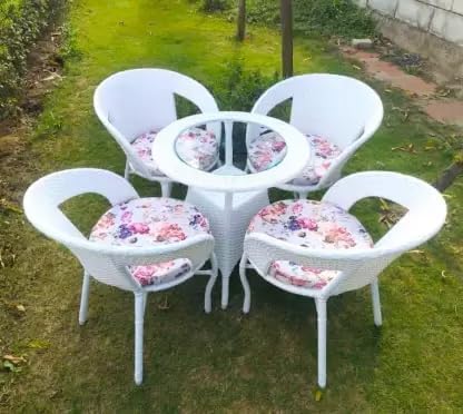 Image of 4 Chair 1 Table with Cushion for Garden Patio Seating Chair and Table Set, Outdoor Balcony Garden Coffee Table Set Furniture (4+1) (White & Yellow)