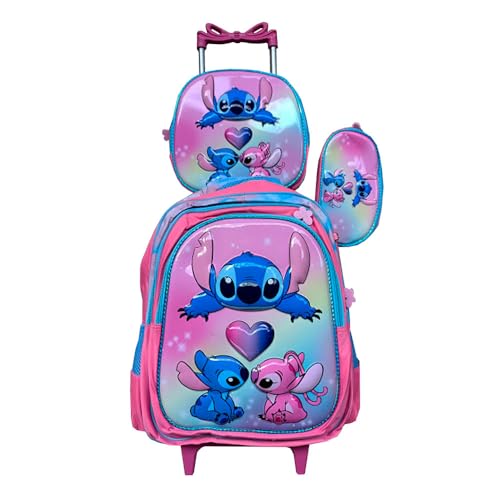 Kit Mochila Infantil com Rodinhas Stitch Azul Claro + Lancheira Térmica + Estojo em 3D