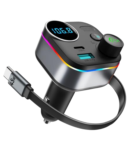 Bluetooth 5.4 FM Transmitter for Car, 72W Fast Car Charger with 45W Retractable USB-C Cable, Hands-Free Calling, Deep Bass, LED Display, USB Drive Music Player for Older Cars & Trucks