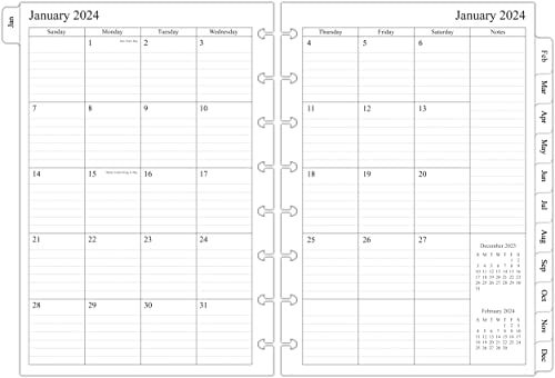 2024 Monthly Planner Refill for 8-Disc Junior Size Discbound Notebooks, Two Pages Per Month, 12 Months, 5-1/2" x 8-1/2"