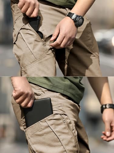 LYRXXX Men\'s Tactical Cargo Pants Stretch Ripstop Fabric Lightweight Waterproof Multi Pockets Work Hiking Outdoor Casual Pants,Khaki (No Belt)