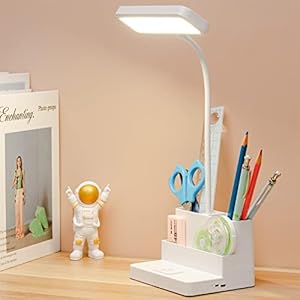 PULRELAS Small LED Desk Lamp with Pen/Phone Holder, Rechargeable Desk Light with Flexible Gooseneck, 3 Color Modes, Stepless Dimming, Eye Caring, Small Study Lamp for Dorm, Bedroom