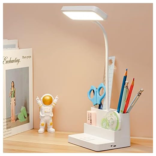 Small LED Desk Lamp with Pen/Phone Holder Function, Rechargeable Desk Light with Flexible Gooseneck, 3 Color Modes, Stepless Dimming, Eye Caring, Small Study Lamp for Dorm, Bedroom (Max Height 14 IN )