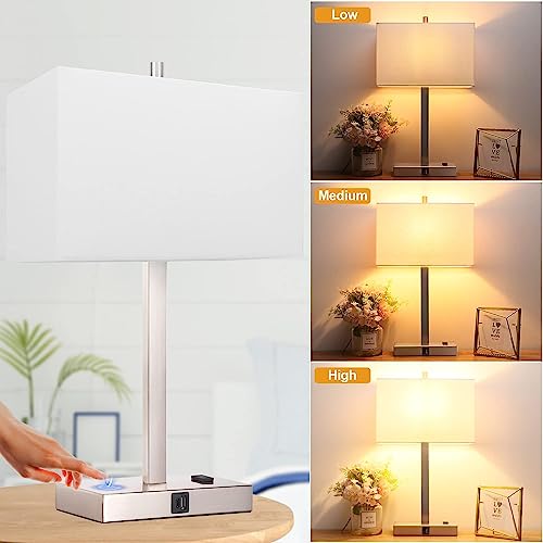 Image of 21 inch Touch Bedside lamps with 2 USB & AC Outlets, 3-Way Dimmable Bedside Table Lamps Set of 2 for Bedroom Living Room Office Reading, White Shade Lamps for Night Stands, 3000K LED Bulbs Included