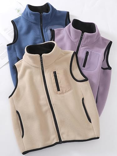 Kleinkind Kinder Fleeceweste Stehkragen Ärmellose Jacke Polar Fleece Reißverschluss Weste Solide Eltern-Kind Leichte Oberteile Oberbekleidung, Khaki 110