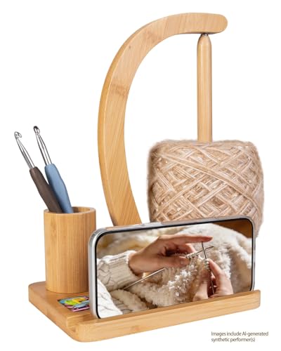 SPEENSUN Yarn Holder for Crochet, Bamboo Yarn Spinner with Magnetic Rotating Anti-Tangle Design, 1.1lbs Capacity, 3-in-1 Storage for Hooks/Markers, Phone Stand, Best Crochet Accessories Gifts