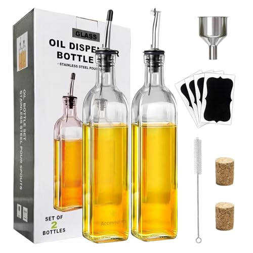 Velvaria 2-Pack Olive Oil Dispenser Bottle Set 500ml Vinegar Dispenser Set with 2 Stainless Steel Pourers 4 Labels 1 Brush and 1 Funnel Oil Bottles for Kitchen (Transparent)