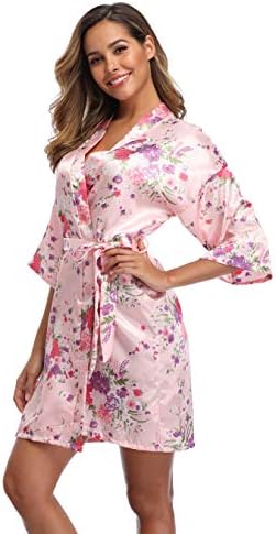 iFigureWomen Floral Kimono Robe Satin Bridal Dressing Gown Bride Bridesmaid Robes Sleepwear