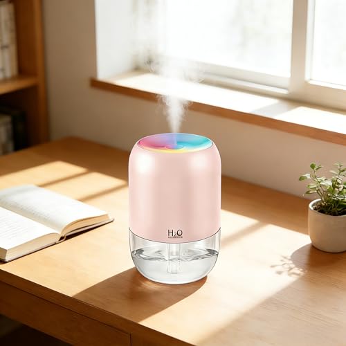 卓上加湿器 小型 USB電源式 目に見える霧 7色LEDライト付き 超音波式 オフィス デスク ベッドサイド 寝室 乾燥対策ピンク