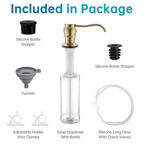 Image of Built in Deck Mount Liquid Lotion Kitchen Countertop Metal Soap Dispenser, Brushed Gold Brass Dispenser Pump with 47.2 inch Silicone Long Tube for 0.79 inch- 1.38 inch High Capacity Bottle Mouths