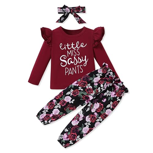Image of SANMIO Toddler Girl Clothes Cute Ruffle Sleeve Shirt Floral Pants Headband