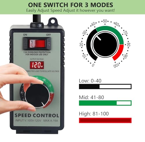 Cdmall AC Motor Speed Controller for Brushed Motors - 120V 15A Variable Speed Control with LED Voltage Display & Overload Protection, Fan Speed Controller for Duct Fan, Exhaust Fan, Router, Drill