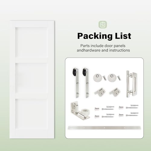 Image of 36 inch x 80 inch 3-Lites Solid Core MDF Panel Barn Door with Trimmable 72 inch Track Kit, Paintable Sliding Barn Doors for Closet Kitchen Bedroom Excellent Sound & Thermal Insulation, Nickel-Plated Hardware Kit