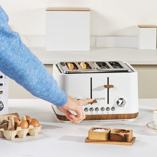 Salter EK5823WHT Toronto 4-Slice Toaster – Wide Slots, 6 Browning Levels, Removable Crumb Tray, Defrost, Reheat, Cancel, Self-Centring Function, High-Lift Eject, 1630 W, Wood Effect, Matt White - Image 6