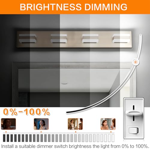 Image of SOLFART Bathroom Light Fixtures Brushed Nickel Vanity Lights for Bathroom Above Mirror, 4 Light Led Lighting Fixture, Nickel Vanity Light,5 Color Temperature Adjustable Light Over Mirror ETL Listed