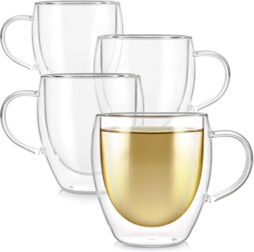 Image of Ash & Roh 250ml Heat Resistant Double Walled Glass Coffee Cups, Crystal Clear Insulated Mugs with Handle for Tea, Latte, Cappuccino (Pack of 4)