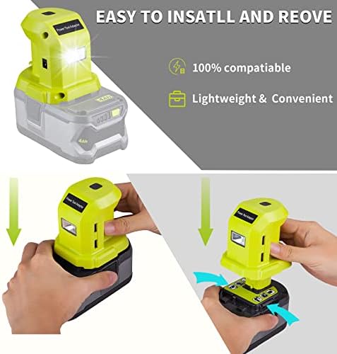 Battery Adaptor for Ryobi 18V /14.4V Lithium Ion Battery,DC Port & LED Work Light &Dual USB Charger,Power Source,Power Supply Compatible with Ryobi P108 P107 P102 P103 Battery