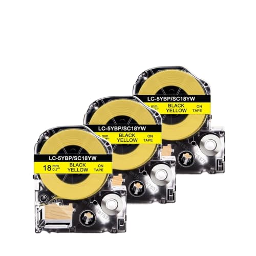 Image of 3 Pieces 18mm Label for Tapes SC18YW LK-5YBP Black On Yellow Cartridge Labeling Compatible with LW-400 600P Printer Printer Models for Part Number SC18YW LK-5YBP(Black on Yellow)