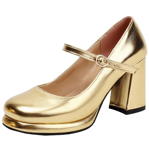 DINTAHA Platform Mary Jane Heels Metallic Heels Square Toe High Chunky Heeled Pumps with Ankle Strap