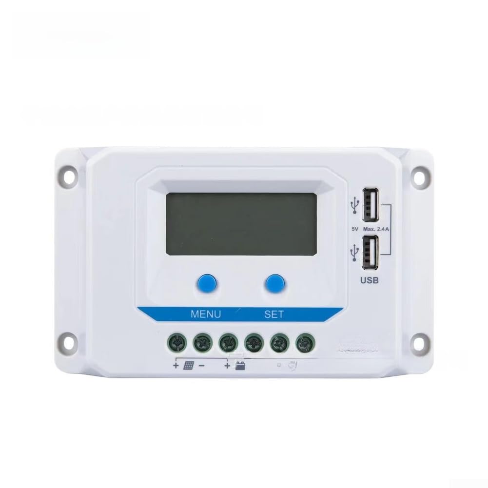 Regulador de carga solar para PWM 30 A Dual USB Port Solar Cargador para (10 A) | Para tecnología PWM, detección automática de 12/24 V, pantalla LCD clara, puertos USB duales, para RV y camping