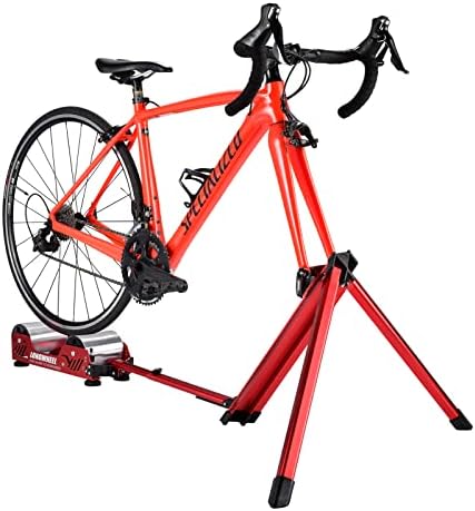LONGWHEEL Portable Bike Trainer Stand with Tote Bag, Stainless Steel Stationary Bike Stand with Magnetic Flywheel, Noise Reduction, 4 Resistance Settings – Exercise for Road & Mountain Bikes, Red