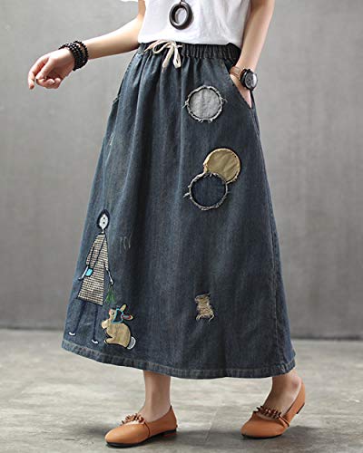 ebossy Womens Casual Long Jean Skirt Floral Print Embroidered Distressed Denim Maxi Skirts with Side Pockets2