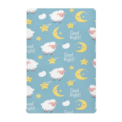 Image of Sheep Moon Blue Fitted Crib Sheet for Boys Girls Baby Mattress Sheets for Standard Mattress,52 X 28 in