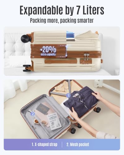 Image of LIGHT FLIGHT Carry On Luggage 22x14x9 Airline Approved, Beige and Brown | Airline Approved, Durable Hard Shell with Wheels, Expandable Hardside, Lightweight, TSA Lock