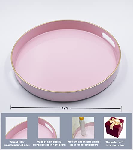 Decorative Tray, Marbling Plastic Tray With Handles, Rectangular Vanity Tray And Serving Tray For Bathroom, Kitchen, Ottoman And Coffee Table (Round, Pink) #TOP1