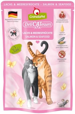 GranataPet DeliCATessen Lachs & Meeresfrüchte, 6 x 85g | Alleinfuttermittel, Getreidefrei, Ohne Zuckerzusatz, Taurin & Grünlippmuschel, Hoher Fleischanteil, Made in Germany