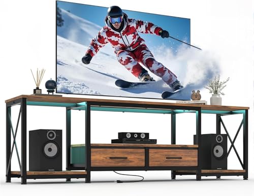 TV Stand for 75 70 65 Inch TVs, Entertainment Center with Power Outlets & Charging Station, Rustic Brown Media Console Table with Fabric Drawers & Open Shelves for Living Room, Bedroom by SierraSquad - Image 7