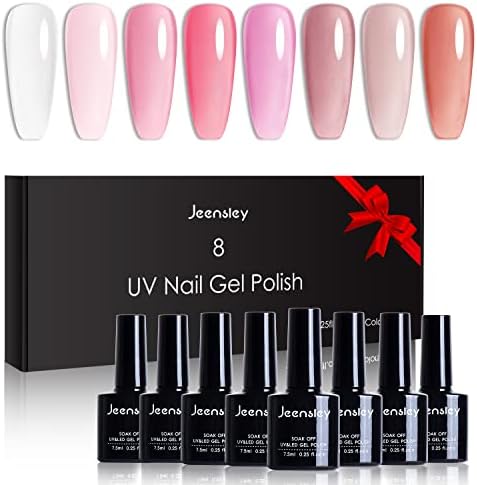 Jeensley 8 Colors Gel Nail Polish Set 7.5ml Long Lasting Cured by UV/LED Lamp Multiple Colors Purple Ivory Snow White Haze Blue Kit Trendy Art Designs Home Salon Gel Manicure
