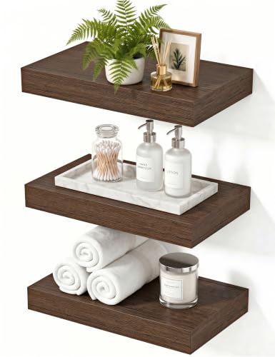 Mifurn Walnut Floating Shelves for Wall, 12 Inch Wooden Shelves Set of 3