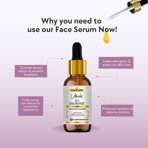 Image of khadi 10% Niacinamide Face Serum, Vitamin B3 Skin Brightening for Acne Marks and Pigmentation, Oil Free, 30ml