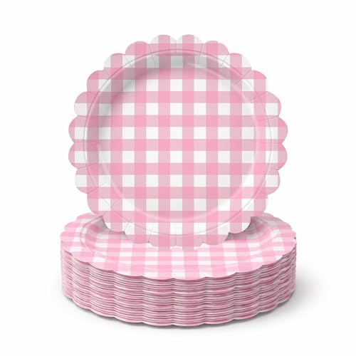 sunepany 9 Inch Pink Gingham Paper Plates for Dessert Appetizer 50 Count