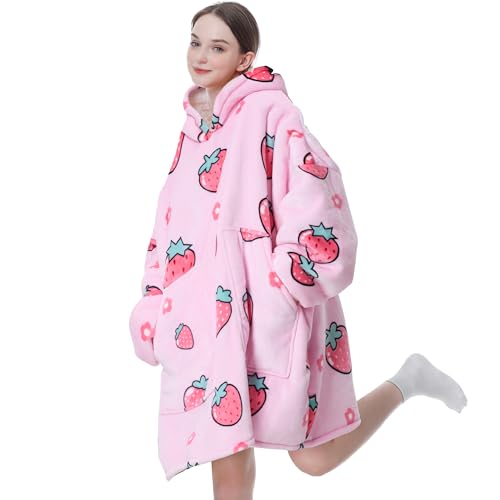 Aemicion Blanket Hoodie for Adults,Super Warm Cozy Giant Wearable Blanket,Thick Sherpa Sweatshirt Blanket with Sleeves as Gifts for Women Mom Teen Girls -Pink Strawberry by Aemicion - Used condition - US$29.99