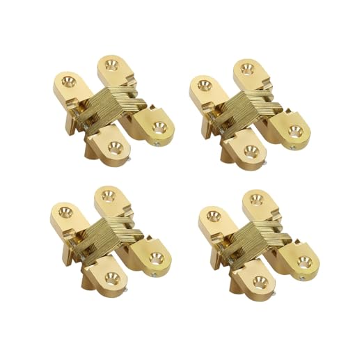 Serplex® 4PCS Gold Zinc Alloy Hidden Door Hinges, 180° Frameless Concealed Cabinet Hinge for Kitchen, Cupboard & Closet, Rustproof, Heavy Duty, Concealed Cross Hinge Invisible Hinges