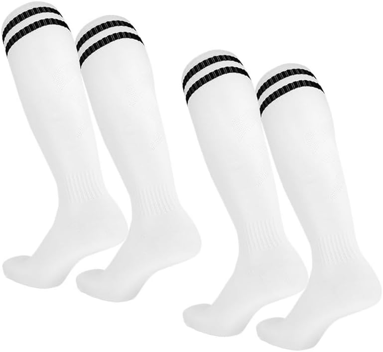 2 Pairs Kids Soccer Socks Youth Boys Girls Knee High Striped Sports Tube Football Socks for 6-12Years Old