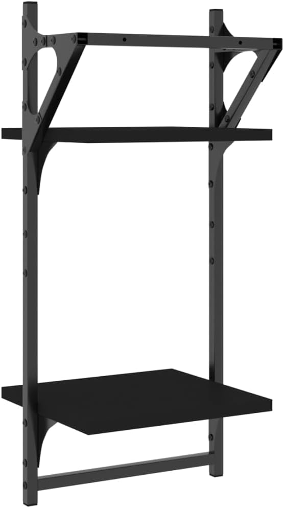 2-Tier Floating Wall Shelves Set, Black Engineered Wood & Metal, 11.8x9.8x25.6 inch, Modern Storage for Living Room, Bathroom, Bedroom Decor