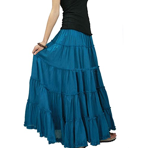 CoutureBridal Womens Elastic Tiered Boho Long Circle Broomstick Peasant Skirt Dance Blue One Size