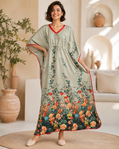 Image of Noty Women's Kaftan Nighty | Digital Print | Sarena Fabric | V Shaped Neck Nightwear | Nightdress for Girl