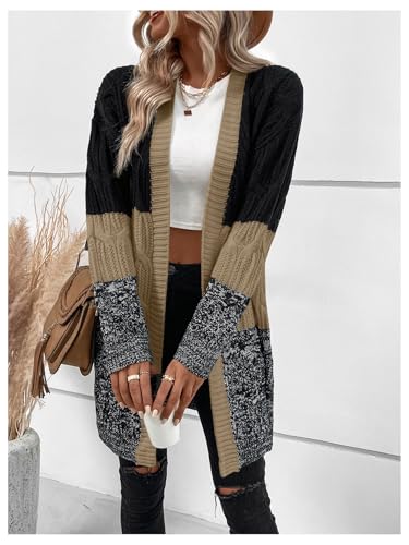 MakeMeChic Women's Color Block Cable Knit Open Front Sweater Cardigan Long Sleeve Outerwear4