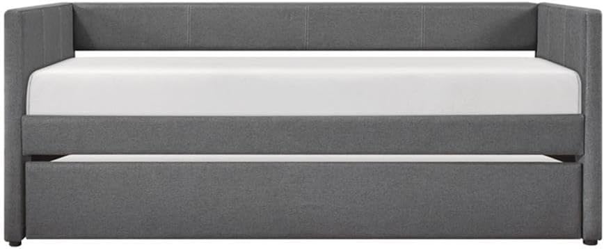 Pemberly Row Textured Fabric Daybed with Pull-Out Trundle, Dark Gray Upholstery, Wood and Engineered Wood Frame, 300 lbs Capacity, Twin Mattress Fit, Modern Design for Bedroom or Guest Room Sleeping