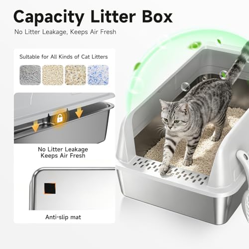 OneBug Stainless Steel XL Cat Litter Box for Cats,Gray - 2