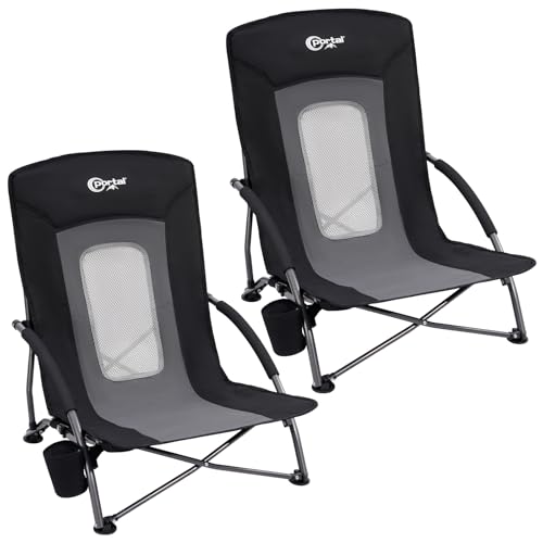 PORTAL Beach Chairs for Adults 2 Pack High Back Low Folding Camping Chair Portable Lightweight with Cup Holder for Travel, Concert, Lawn, Festival, Support 350lbs, Black