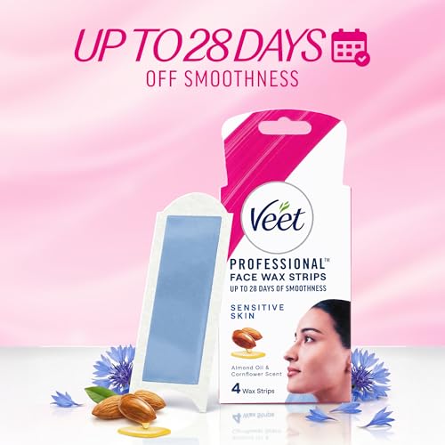 Image of Veet Face Wax Strips for Sensitive Skin (4 strips + 1 post finish wipe) (Pack of 5) | Painless, Quick & Gentle Facial Hair Removal | Ready to Use for Upper Lip, Eyebrows, Chin, Sidelocks
